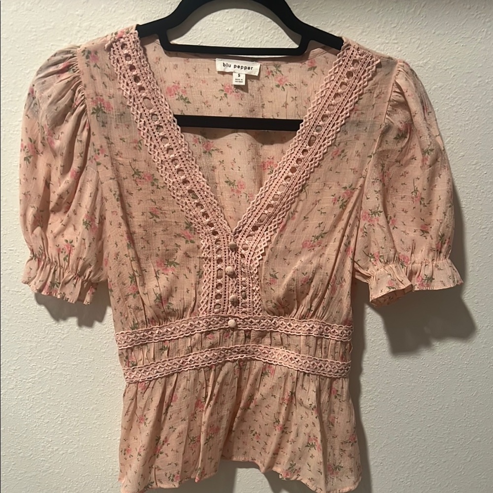 Blu Pepper Pink Puff Sleeve Smocked Blouse